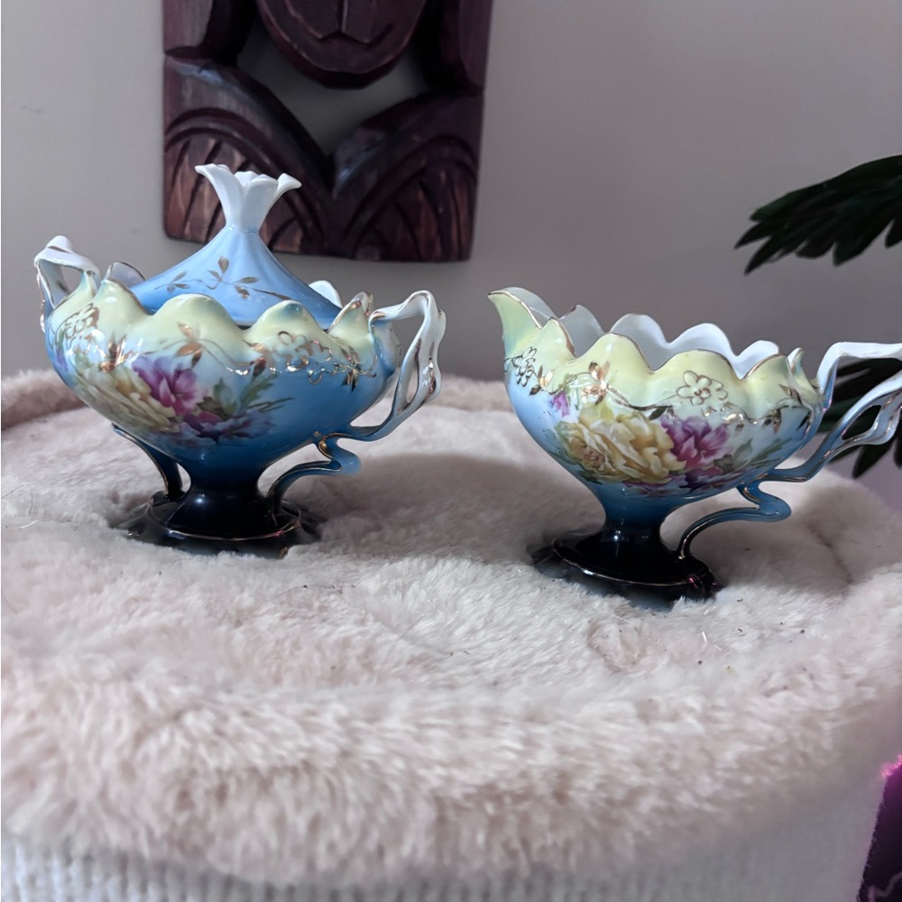 Saxe Altengurge Sugar and creamer set blue,pink and yellow with gold trim vintag